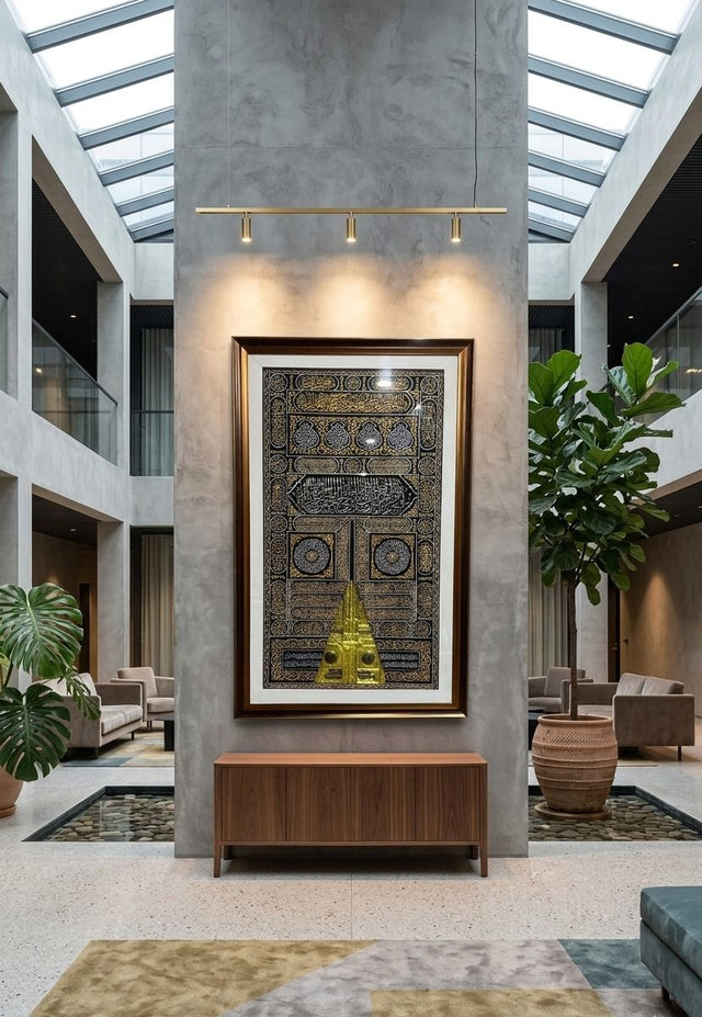 "Ghilaf-e-Kaaba — Handmade Sacred Door of the Holy Kaaba | Framed Wall Art | 24×48"