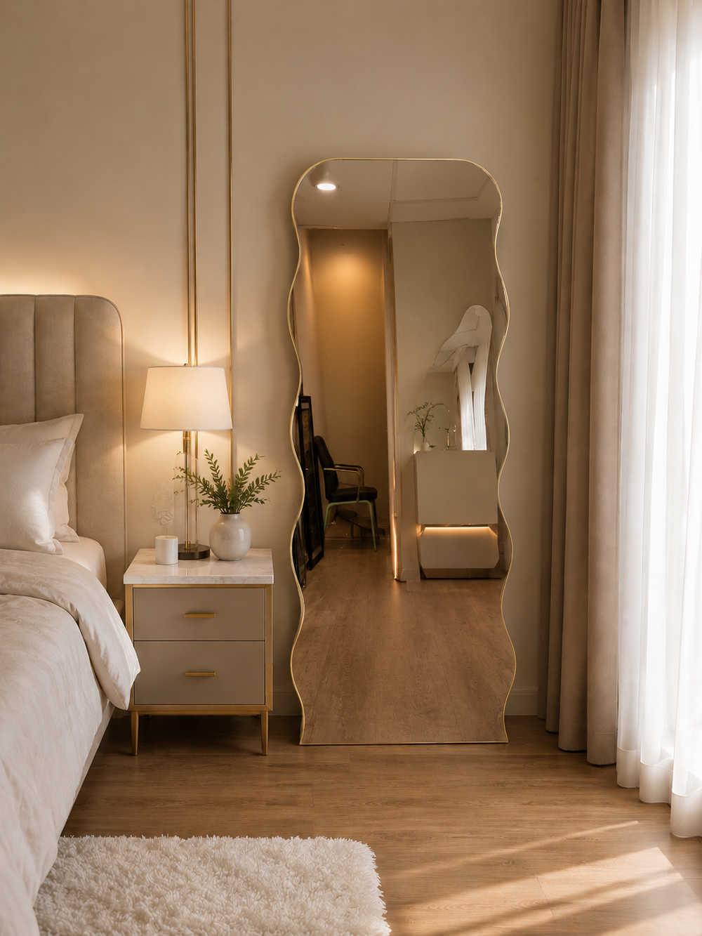 Wave Standing Mirror | Full-Length Wavy Frame Mirror | Black & Gold
