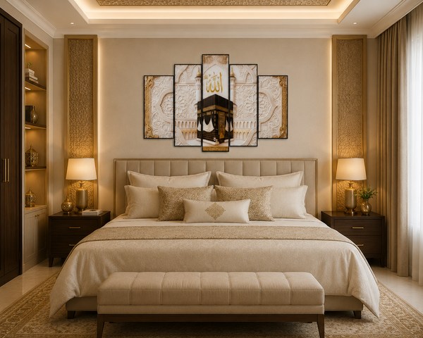 Al Kaaba — 5-Panel Islamic Wall Art | Glass Print | Black Frame | 24" × 30"