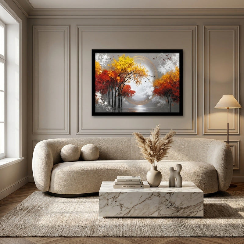 "Autumn Moonrise — Golden Forest & Flying Birds | UV Framed Wall Art | 16×20"